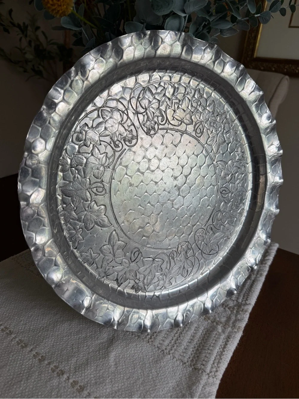 Vintage Mid-Century Hammered Aluminum Serving Tray.